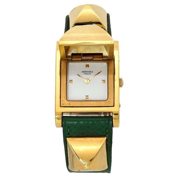 HERMES Medor Vintage pyramid Gold studs Quartz White Dial Ladies - Picture 1 of 13